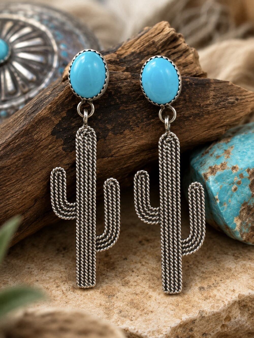 Kingman Turquoise Sterling Silver Dangle post Earrings Navajo Style Drop 925
